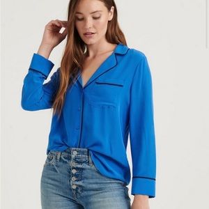 Lucky Brand Maggie Silk Pajama Top in Princess Blue Blouse 100% Silk